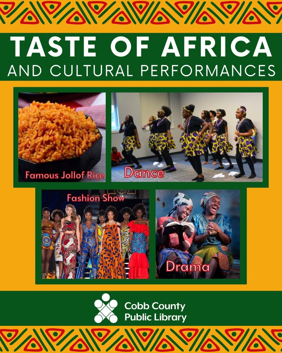 cobbcountygovt's tweet image. Join us for cultural enrichment exploring African culture! Celebrate Black History Month with a tasty African jollof rice and performances by Cobb County Library teens. At #SwitzerLibrary Wed. Feb.22 1-2:30pm.
 #cobbcounty 
#BlackHistoryMonth #CobbLibrary