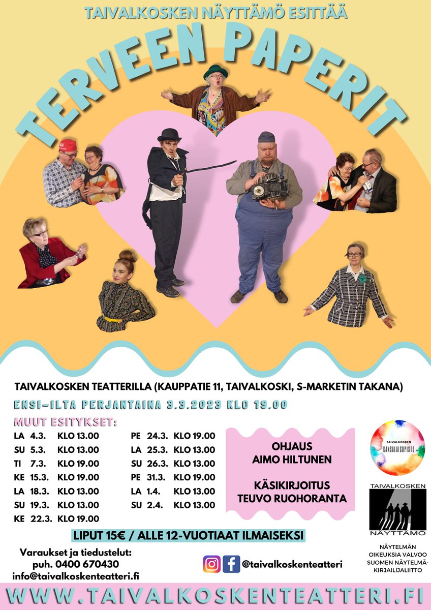 TiinaHayes's tweet photo. Tulkaahan tänne Taivalkoskelle kattoon paikallisen teatterin näytelmä, mun tyttö Nella (11v) on siinä myös mukana 🤗. On hyvä näytelmä😊. Saa jakaa eteenpäin 😁 https://t.co/O3fQSAAE6S