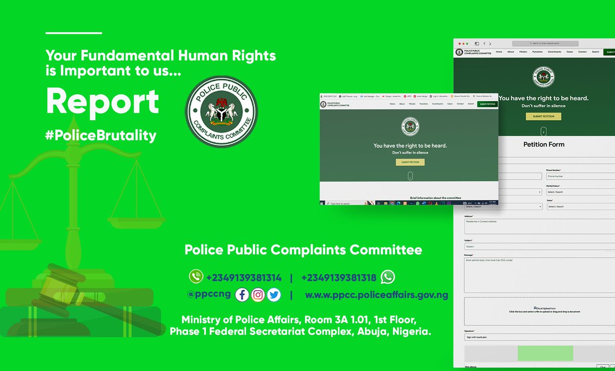 ppccng's tweet photo. Don't just be victim of police irregularities, seek redress, report any erring #police officer to PPCC.
#endpolicebrutality #endsarsbrutality  #bbtitans #bbtitans2023 #EndPoliceBrutalityinNigera
#NigeriaPolice 
#ENDPOLICEBRUTALITYINNIGERANOW
#PoliceAccountability https://t.co/D31UHwl8hc