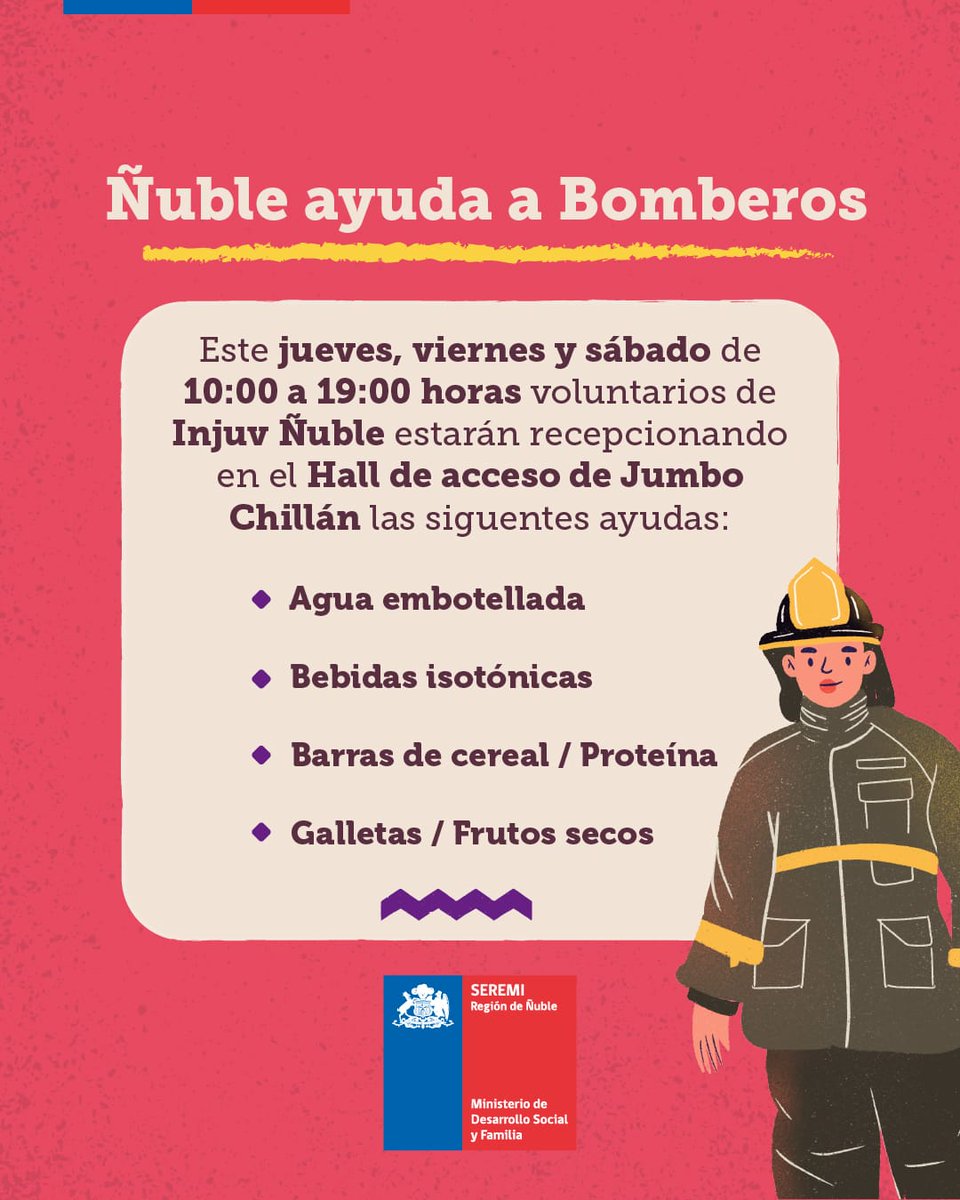 MDSNuble's tweet photo. 🔴En apoyo a @bomberoschillan y #BomberosÑuble iniciamos campaña solidaria habilitando centro de acopio en @JumboChile #Chillán hasta el sábado 4 de febrero a las 19 horas 👉Voluntarios de @InjuvNuble estarán esperando tu aporte.🙌 https://t.co/V5EbGjROIr