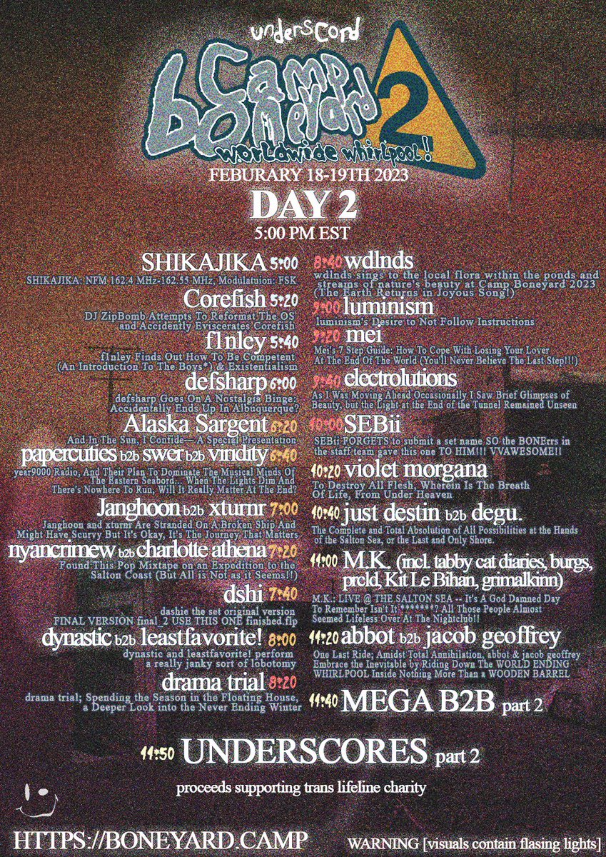 Here is your main lineup for Camp Boneyard 2! 🏕️☠️

Make sure to tune in on February 18th and 19th to catch these amazing acts in support of Trans Lifeline and Center for Reproductive Rights!

View our MEGA B2B lineup below also!