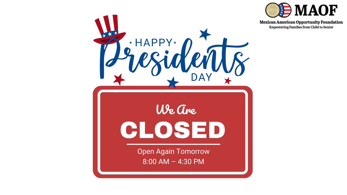 KernMAOF's tweet photo. Happy Presidents Day!  We are closed today and will reopen for business on 2-21-23 at 8 am! Have a wonderful day! #KernMAOF #changinglivesinkerncounty🌺 #holiday #closedtoday https://t.co/bjv431eEd3