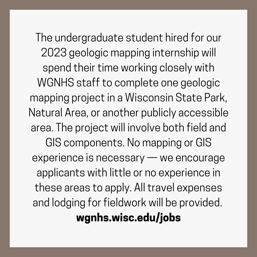 WGNHS's tweet photo. 📢🗺️ #WGNHS is accepting applications for a paid undergraduate #Geoscience Mapping #Internship for Summer 2023! No prior #mapping or #GIS experience is required, and the intern is not required to live in the Madison area. Apply by Feb 28!

Learn more  ➡️https://t.co/UazbefYuAQ https://t.co/7A2lMpCGah