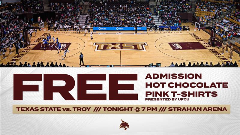 TxStateBobcats's tweet photo. BREAKING: Admission to tonight's @TXStateWBB game is FREE❗️❗❗

Cooped up in your house? Join us in ours! The battle for first is tonight.😼

#EatEmUp https://t.co/nfJROz3i99