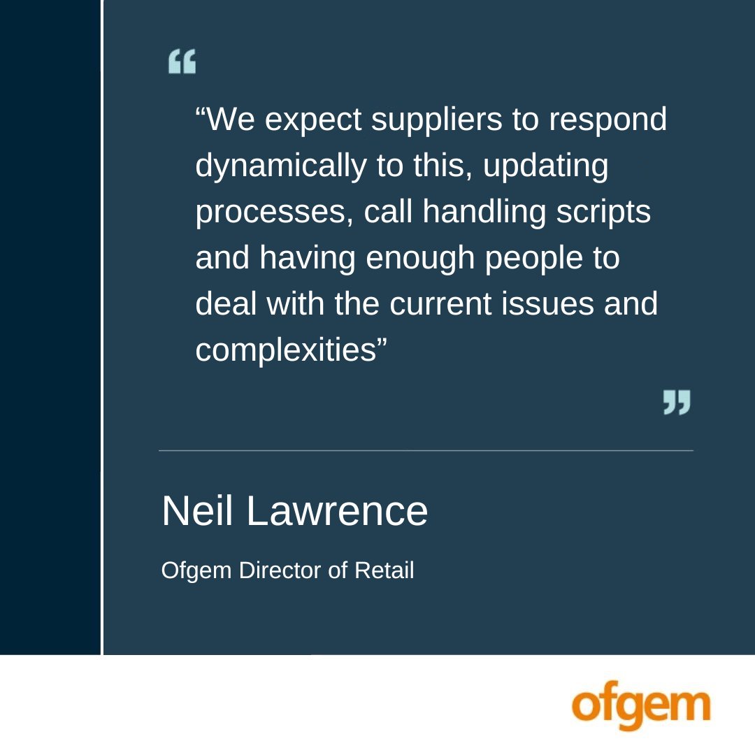 ofgem's tweet photo. Today we published a review of the customer service offered by the UK’s biggest energy suppliers. 

We found that for many suppliers, improvements need to be made 

Read about our findings here ⬇️

https://t.co/8QGWO0itTz https://t.co/beRW6igMKs