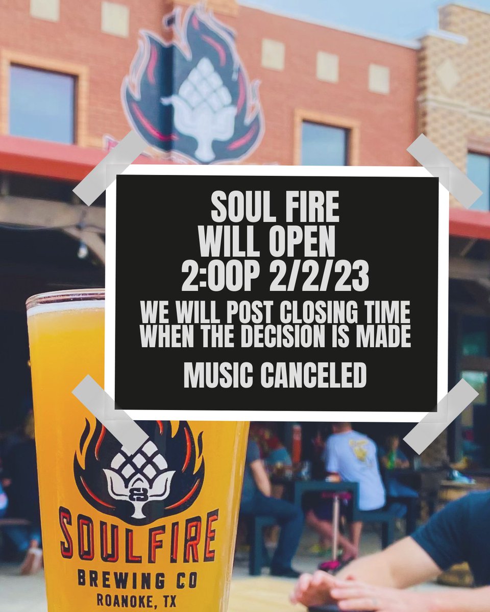 ❄️ Soul Fire will be opening at 2:00p Thursday 2/2! Come on in for a beer! 
We will post here on our socials if a decision to close early is made to keep our staff and customers safe with the current road conditions. #roanoketx #brewerylife #texascraftbeer