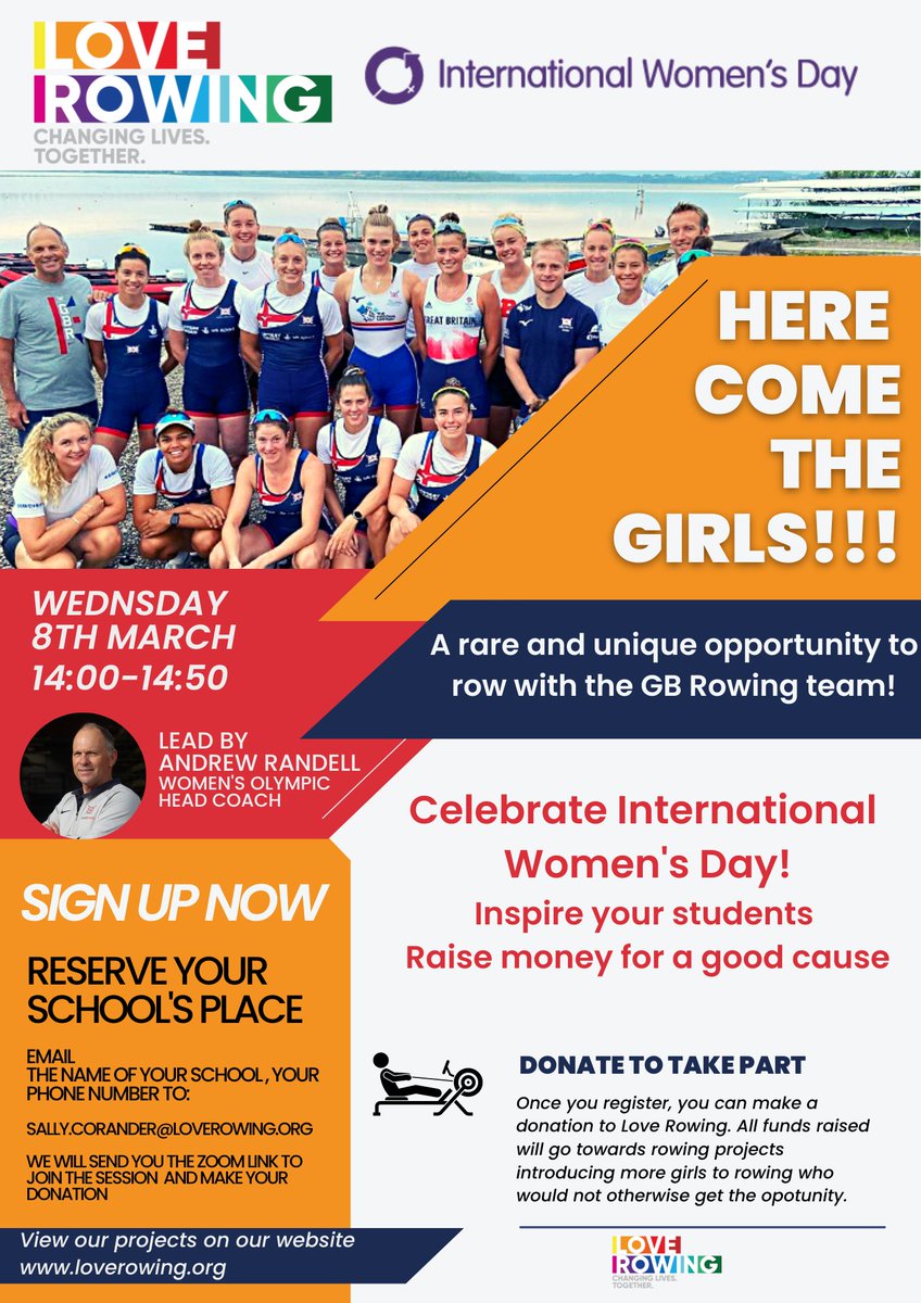 📢 We're inviting all school aged girls to celebrate International Women's Day with us on Wednesday the 8th of March!

👀 Donate to take part in an ergo challenge LIVE with THE GB Rowing Team, and their Head Coach Andrew Randell!!!

⬇️ See how to sign up below!

#rowing #donate
