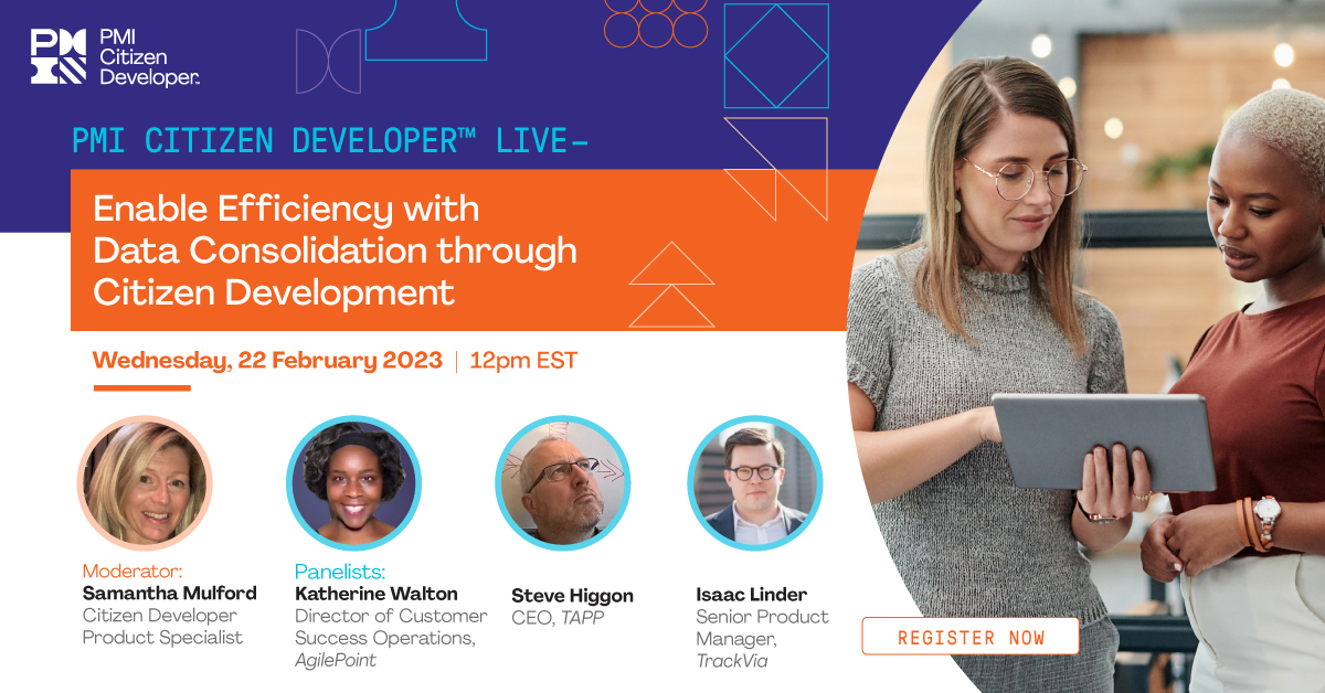 trackvia's tweet image. Join Isaac Linder from TrackVia and fellow panelists for a discussion on  enabling efficiency with data consolidation through citizen development with @PMInstitute  Live on February 22nd! 
bit.ly/40mSYZK 
#ProjectManagement #PMICitizenDeveloper
#CitizenDevelopment