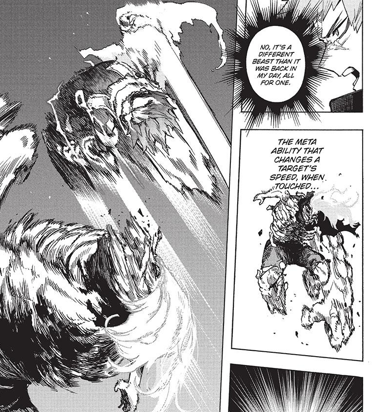 Small things: Shigaraki's speed lines and on the second page Deku's trajectory looks neater. And there's a transparent shadow around Shigaraki. 