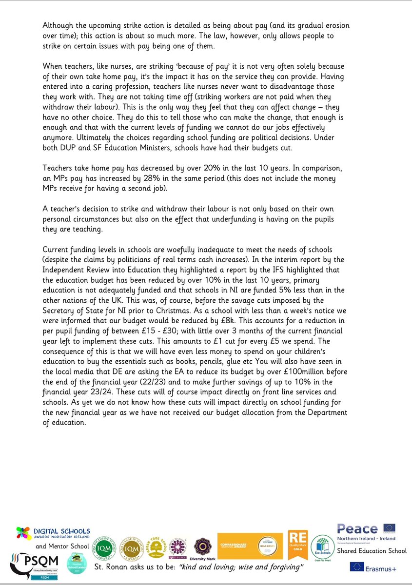 StRonansPS1's tweet photo. @StRonansPS1 letter to parents outlining the reasons as to why teachers have been forced to withdraw their labour on Tues 21st Feb for a half day and take strike action.This action is to highlight the chronic underfunding of schools&amp;the long term impact it will have on children https://t.co/U8bmNkargz