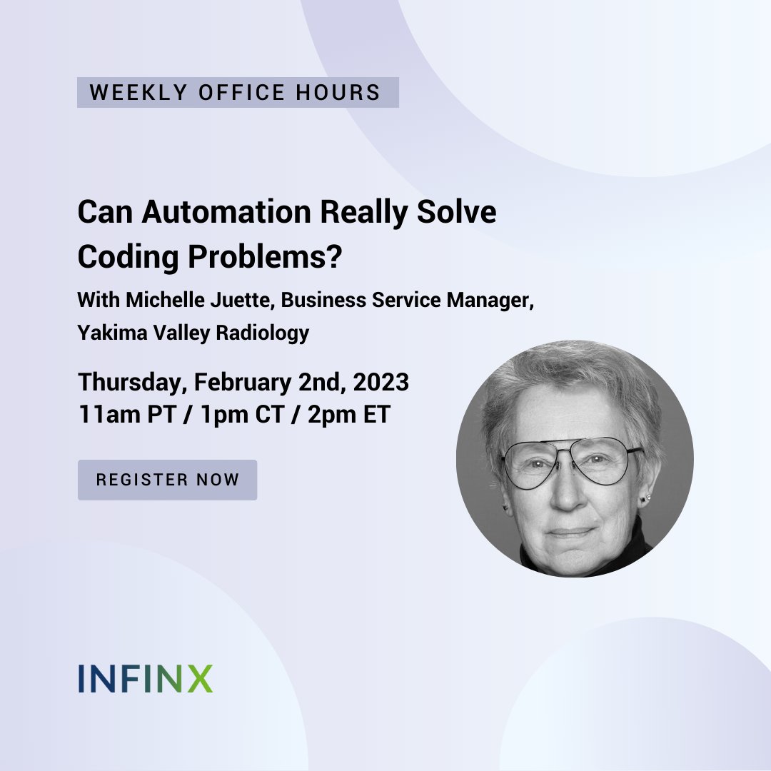 Infinxinc's tweet image. With shortages in experienced coders, #automatedcoding tools are here to stay but will they really solve your problems? Join us at #infinxofficehours in 1 hour where we’ll talk about what really works and doesn't to improve coding success. Sign up here: hubs.li/Q01B59xb0