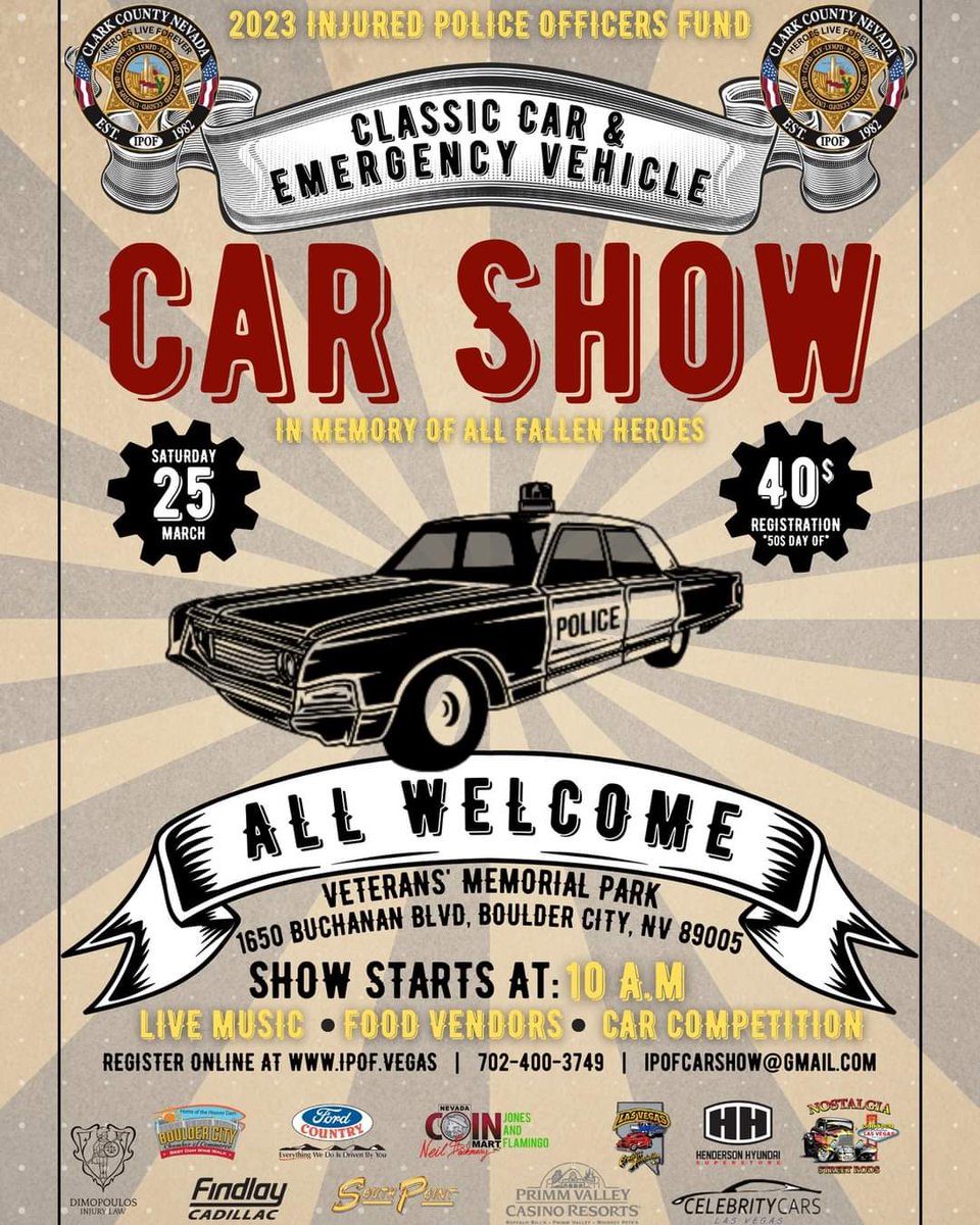 nsrlasvegas's tweet image. We are honored to be a sponsor again this year for the Injured Police Officers Fund CLASSIC CAR and EMERGENCY VEHICLE SHOW on MARCH 25; register online at ipof.vegas 
#nostalgiastreetrods #injuredpoliceofficersfund #IPOF #IPOF2023 #IPOFCarShow #carshow