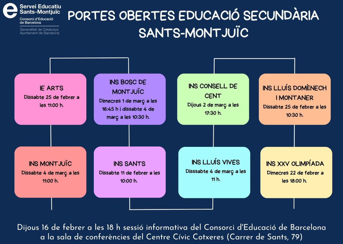 🏫 Aquests dies els instituts us obren les portes perquè els conegueu de cara a la propera #preinscripció pel curs 2023-2024 (🗓️8-20 de març).

🕕 Sessió informativa dijous 16/02 a les 18 h a <a href="/CotxeresCasinet/">Casinet-Cotxeres</a> #Sants.

Consulteu les dates 👉🏽 ja.cat/instituts #SantsMontjuïc