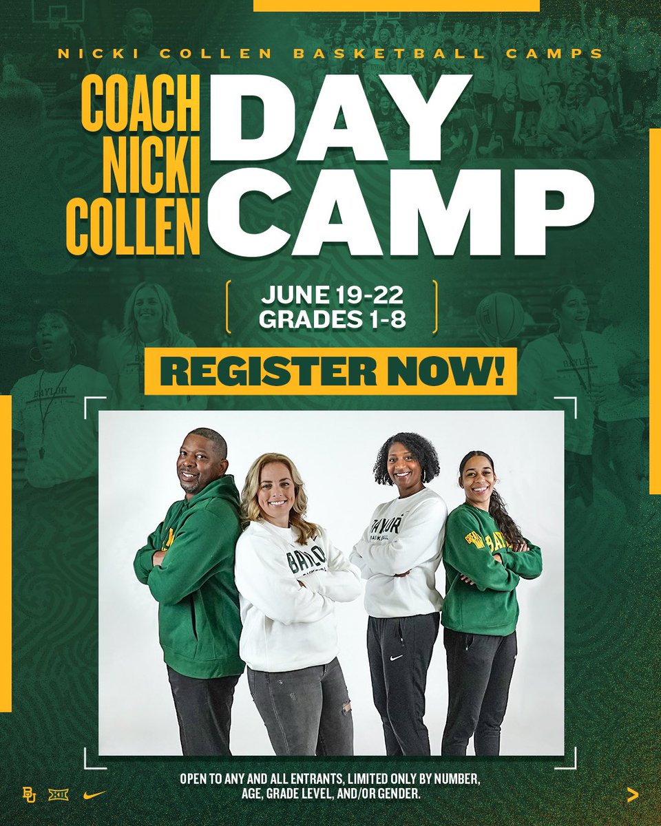 Registration for Day Camp is now 𝑳𝑰𝑽𝑬

✍️ bit.ly/NickiCollenCam… 

Early bird pricing ends March 1. Questions? Email Micah Odom (micah_odom1@baylor.edu).

#SicEm | #GreaterThan
