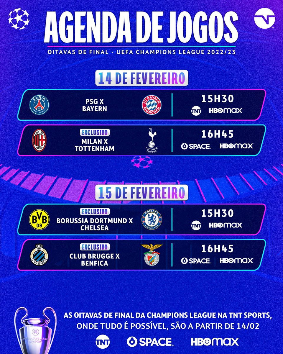 TNT Sports BR on X: TEMOS DATAS E HORÁRIOS! 📅⏱️🔥 Já anota aí na sua  agenda pra não perder NENHUM jogo das quartas de final da UEFA Champions  League, onde TUDO é