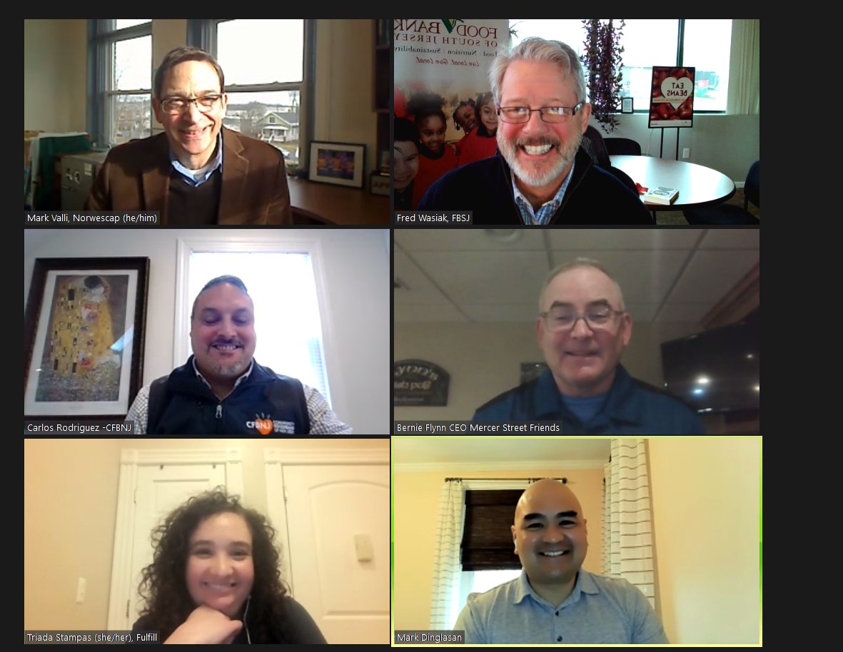FredWasiak's tweet photo. The initial convening took place today between the #NJFoodBankCEOs and @MarkDinglasan Director, NJ Office of the Food Security Advocate! We are looking forward to our work together to #EndHungerInNJ! @FulfillNJ @CFBNJ @NORWESCAP @MercerStFriends @foodbankSJ #BetterTogether https://t.co/8qRrboUciT
