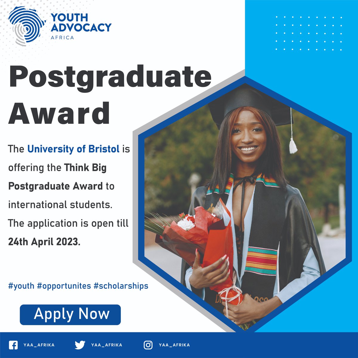 The University of Bristol is offering the Think Big Postgraduate Award to #internationalstudents. The application is open till 24th April 2023. Apply using the #internationalscholarships online application form Apply Here bristol.ac.uk/international/… #youthempowerment #opportunities