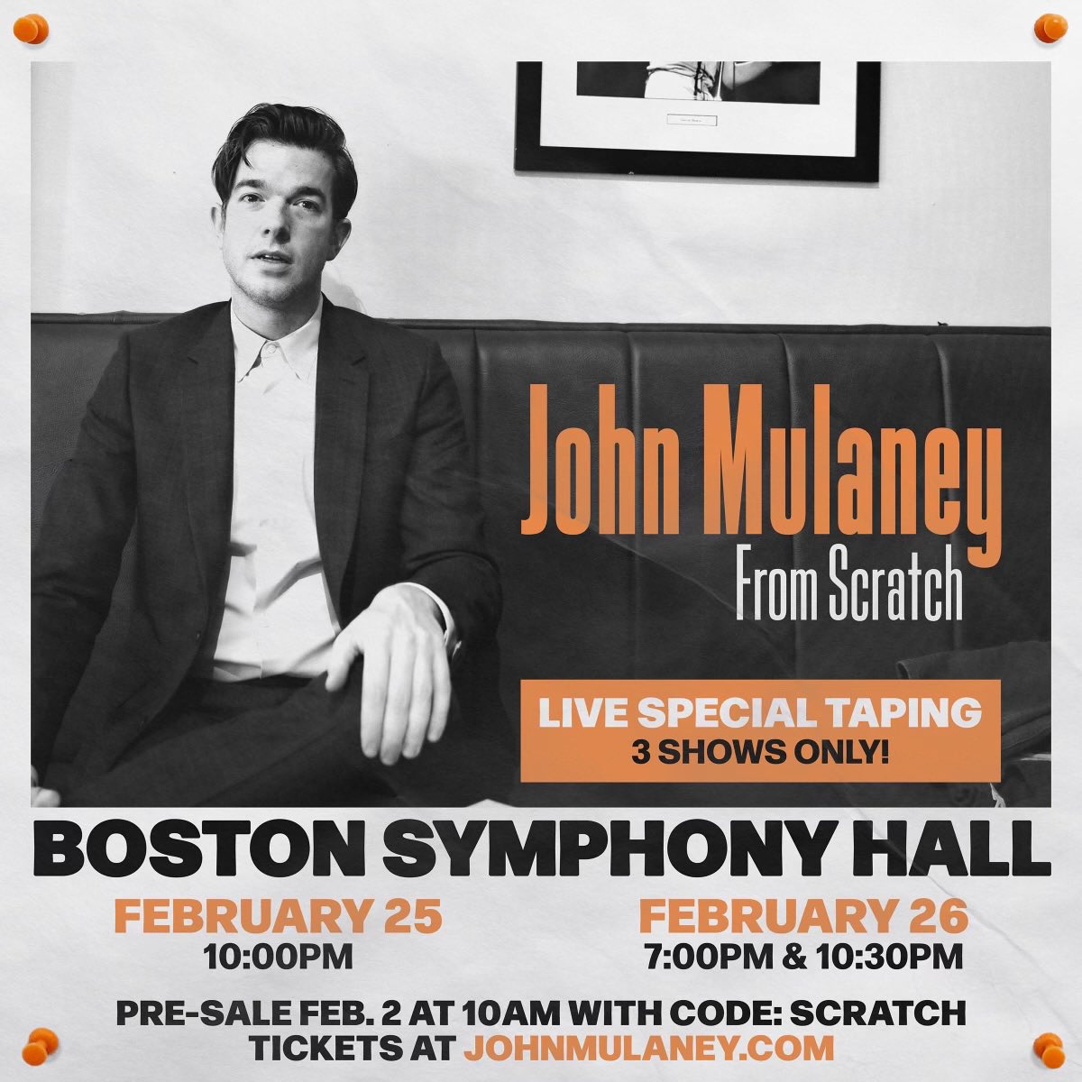mulaney's tweet image. Filming it all at Symphony Hall.