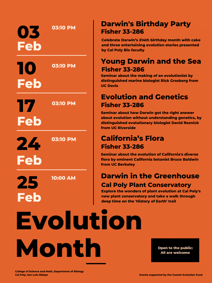 CalPolyCSM's tweet image. Join us this Friday (Feb. 3) to celebrate Darwin&apos;s 214th birthday! Stop by for some cake and stories presented by our faculty 🍰  
This is 1st meeting of our annual Evolution Month Speaker Series. Check out flyer for upcoming events!
@CalPoly @himelblog #CalPolyBio #HBDDarwin