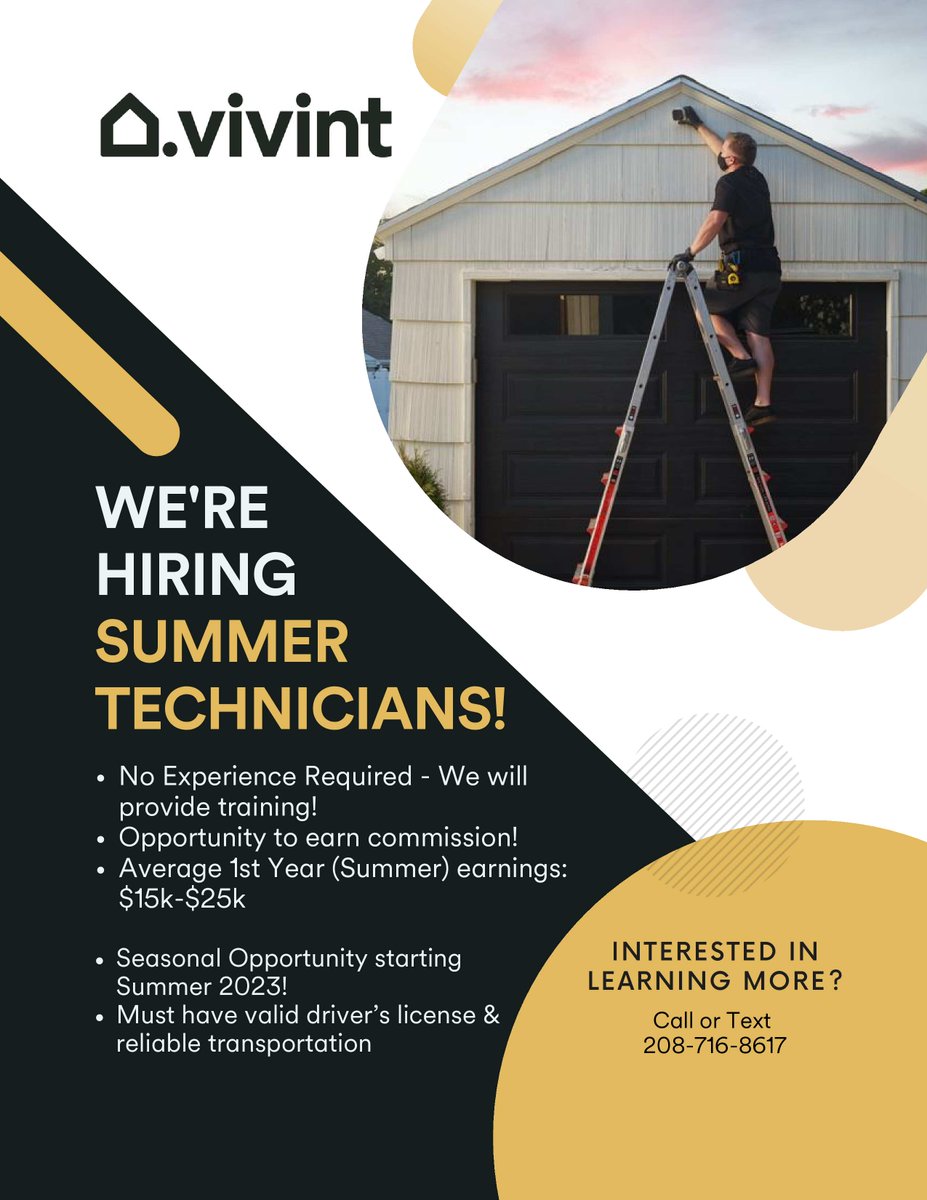 Learn Home Security + Smart Technology installation with Vivint. Now hiring Summer Technicians. No experience required.  <a href="/VivintHome/">Vivint</a> #techjobs #jobs
