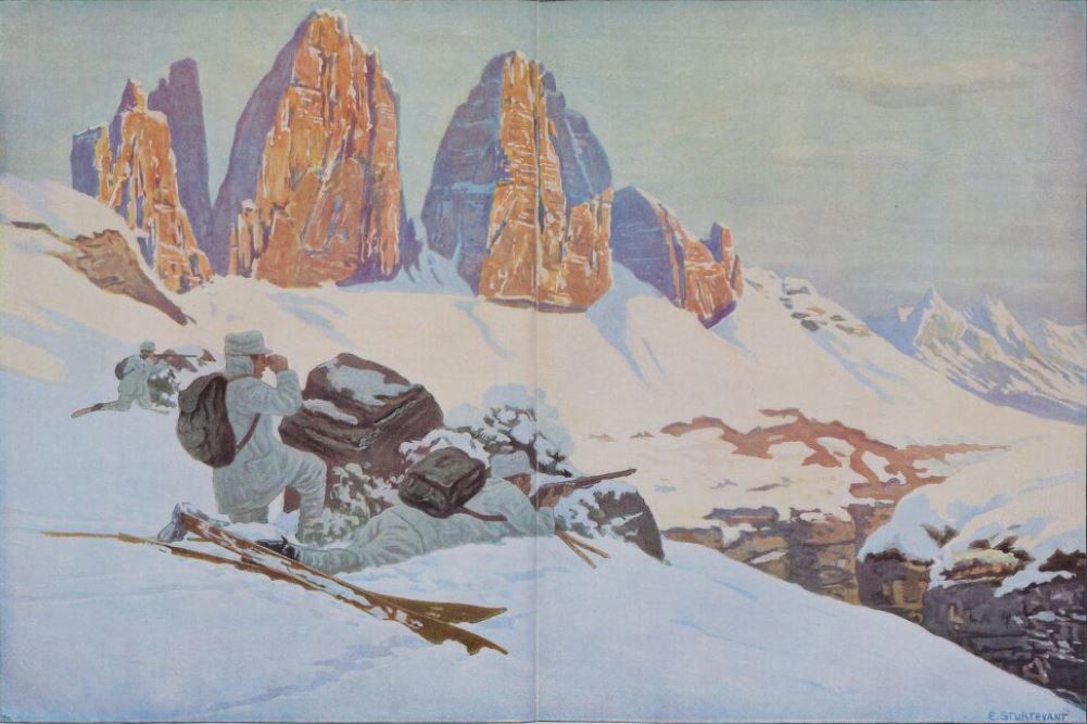 ella4mayers's tweet photo. Painting by German painter Erich Sturtevant (1869-1947) depicting an Austro-Hungarian ski-patrol near the "Drei Zinnen" in the Dolomites. https://t.co/B9LS6o6B1T