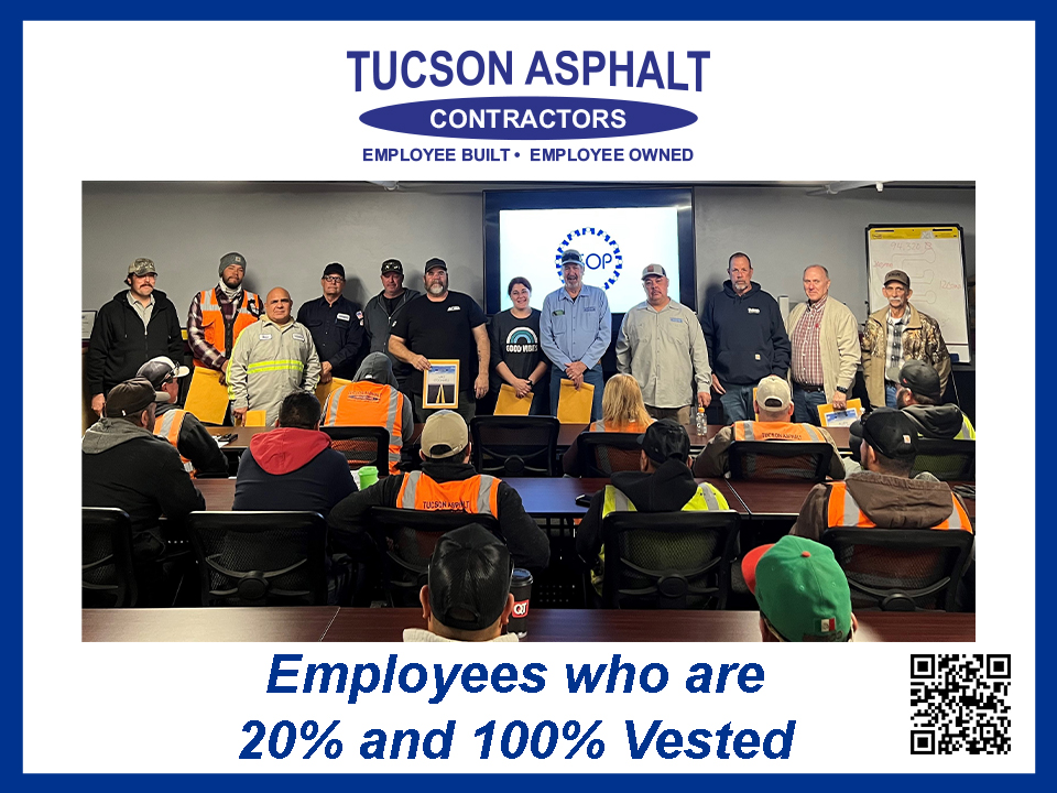 TucsonAsphalt's tweet photo. We are celebrating our first 20% &amp; 100% Employee Owners. In 2020, we became 100% Employee-Owned. To become a vested employee, you must work 1,000 hrs/yr. Congrats to these employees!
#employeebuilt #employeeowned https://t.co/iPu9mTMYG9