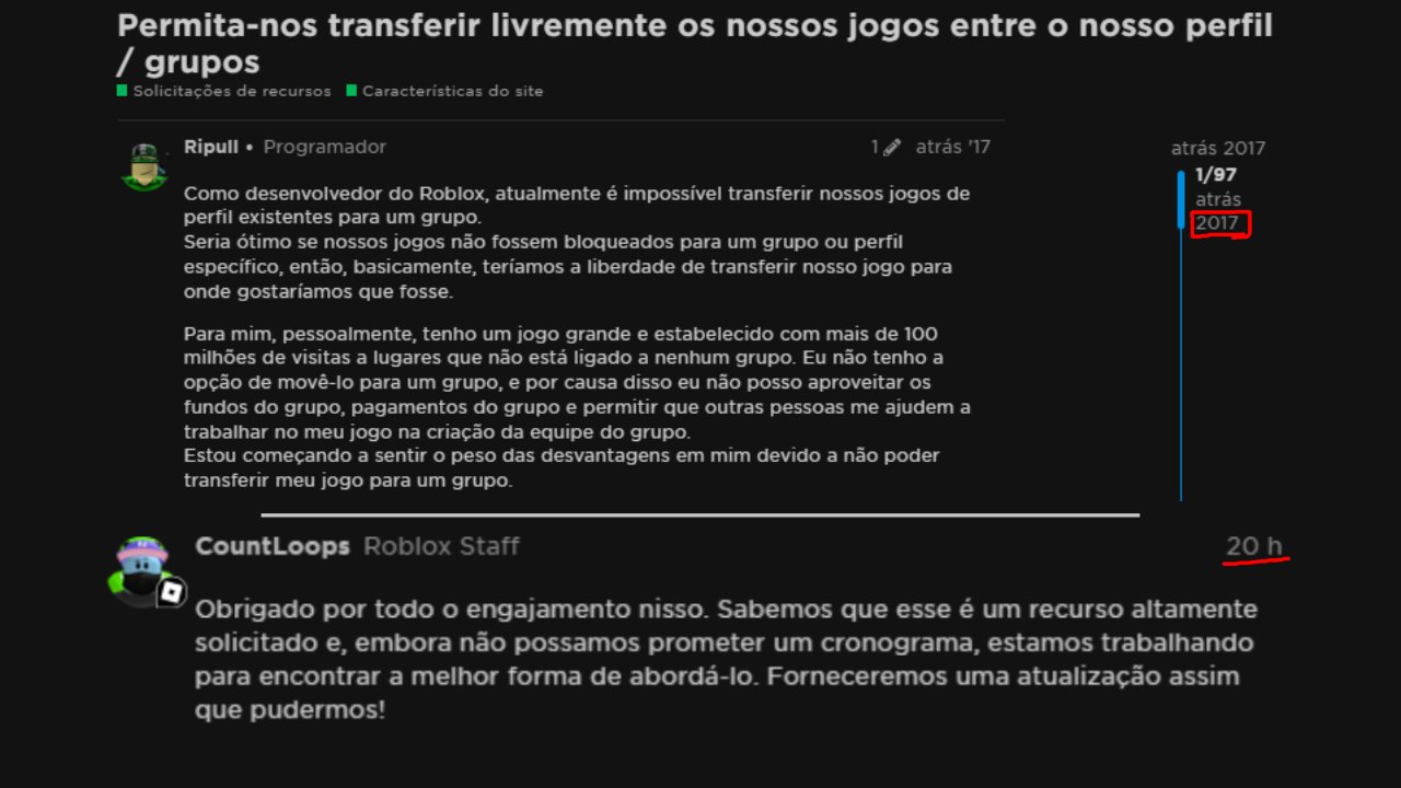 RTC em português  on X: NOTÍCIA: Um funcionário da Roblox comentou em um  post de 2017 no DevForum que pedia que jogos pudessem ser transferidos de  um perfil para um grupo.