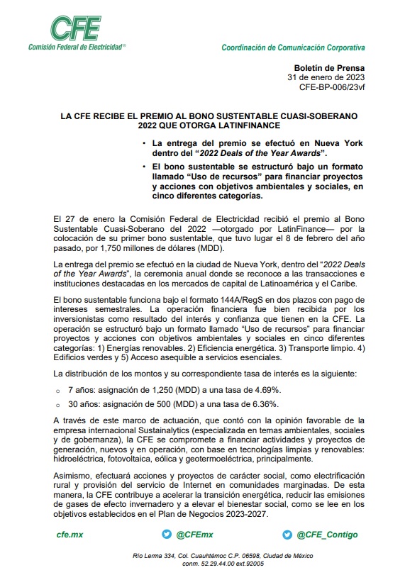 CFEmx's tweet photo. #OrgulloCFE | La CFE recibió el premio al Bono Sustentable Cuasi-Soberano 2022 que otorga @LatinFinance; el bono financiará proyectos ambientales y sociales y fue colocado el pasado 8 de febrero de 2022. https://t.co/8eVzW39yt5 https://t.co/jOxFAjPvXq
