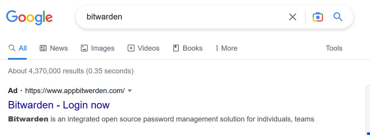 urldna's tweet photo. If you search for @Bitwarden there is a Google Ad that lead to hxxps[:]//vaultbitwerdan[.]com/

Analysis at: https://t.co/8vAYBtq5g1

@malwrhunterteam @ActorExpose https://t.co/OvVnZM0URo