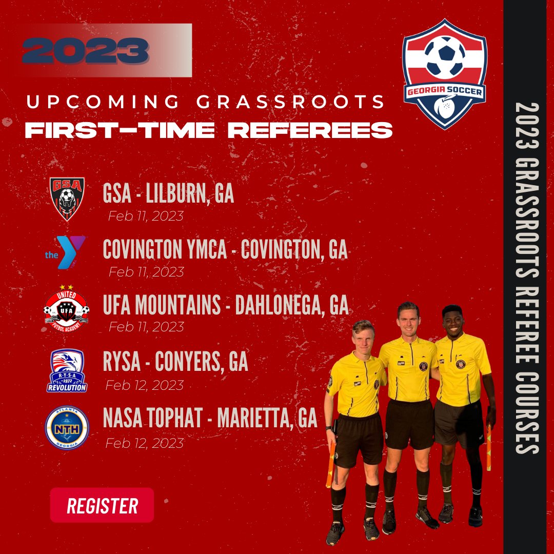 GeorgiaSoccer's tweet photo. We've got some awesome Grassroots courses for first-time referees coming up! Click the 🔗 below to sign up before spots fill up!
https://t.co/LA3kB7Dibx
#RefCrew #BlowTheWhistle #training https://t.co/Oa9suoAUQe