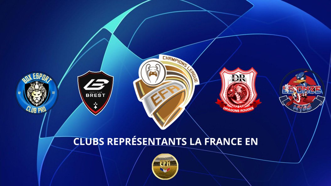 EfaFranceoff's tweet photo. Voici nos 4 clubs qui représenterons le France en @EfaEsports en ligue des champions  qui debutera le 14 février prochain ! @LeOnzeNyos @BrestEsport @DragonsRougesOf et @BDXeSPORT33 bonne chance a tous ses clubs ! https://t.co/fqUGotiBoa