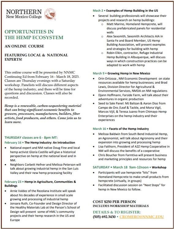 behempful's tweet photo. Excited to join @NorthernNNMC Continuing Education Program: Opportunities in the #Hemp Ecosystem. ONLINE HEMP CLASS STARTS FEBRUARY 16 • 5 THURSDAYS + 1 SATURDAY
DETAILS / REGISTER: (505) 692.3430 • cromero@nnmc.ed • https://t.co/95slQ64aNL #nmtruehemp #hemp #nmag https://t.co/qaZt9N4qgX