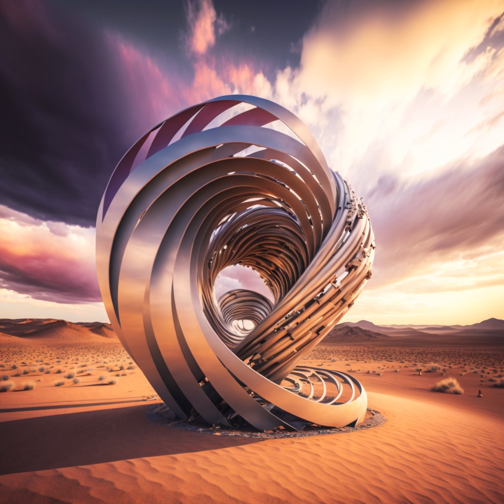 sandroieva's tweet photo. Wonderful art installation in the middle of the desert 🐪 

#midjourney #digitalart #aiart #desert #nft #nftart https://t.co/F2TWIyRlwQ