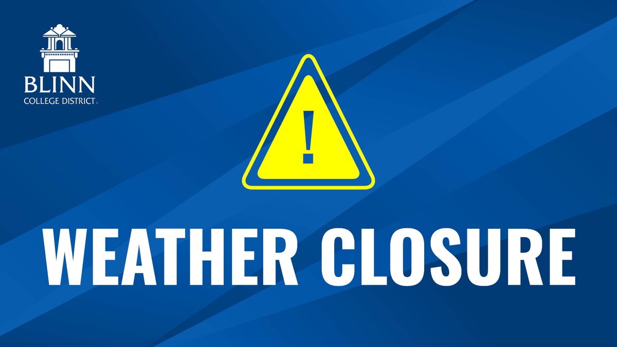 URGENT WEATHER CLOSING: #Blinn will close at 2:45 p.m. today, 1/31, and will remain closed all day Wed., 2/1. The #BlinnBrenham cafeteria will close at 5:30 p.m. today and will have a late start time on Wed. of 8:30 a.m. All on-campus and online classes are canceled.