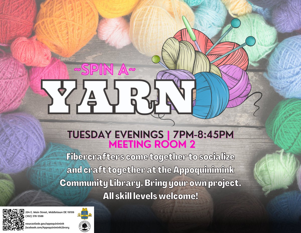 AppoLibrary's tweet image. Every Tuesday, Fibercrafters come together to socialize and craft together at the Appoquinimink Community Library. Bring your own project. All skill levels welcome!
7:00pm-8:45PM, Tonight, in Meeting Room #2 🧶
#delawarelibraries