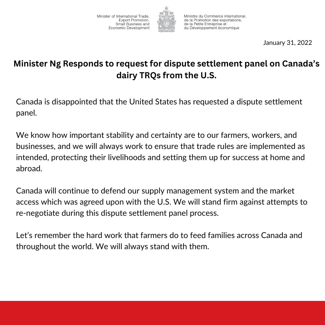 We will always defend Canadian dairy farmers, industry, and workers. Read my full statement: