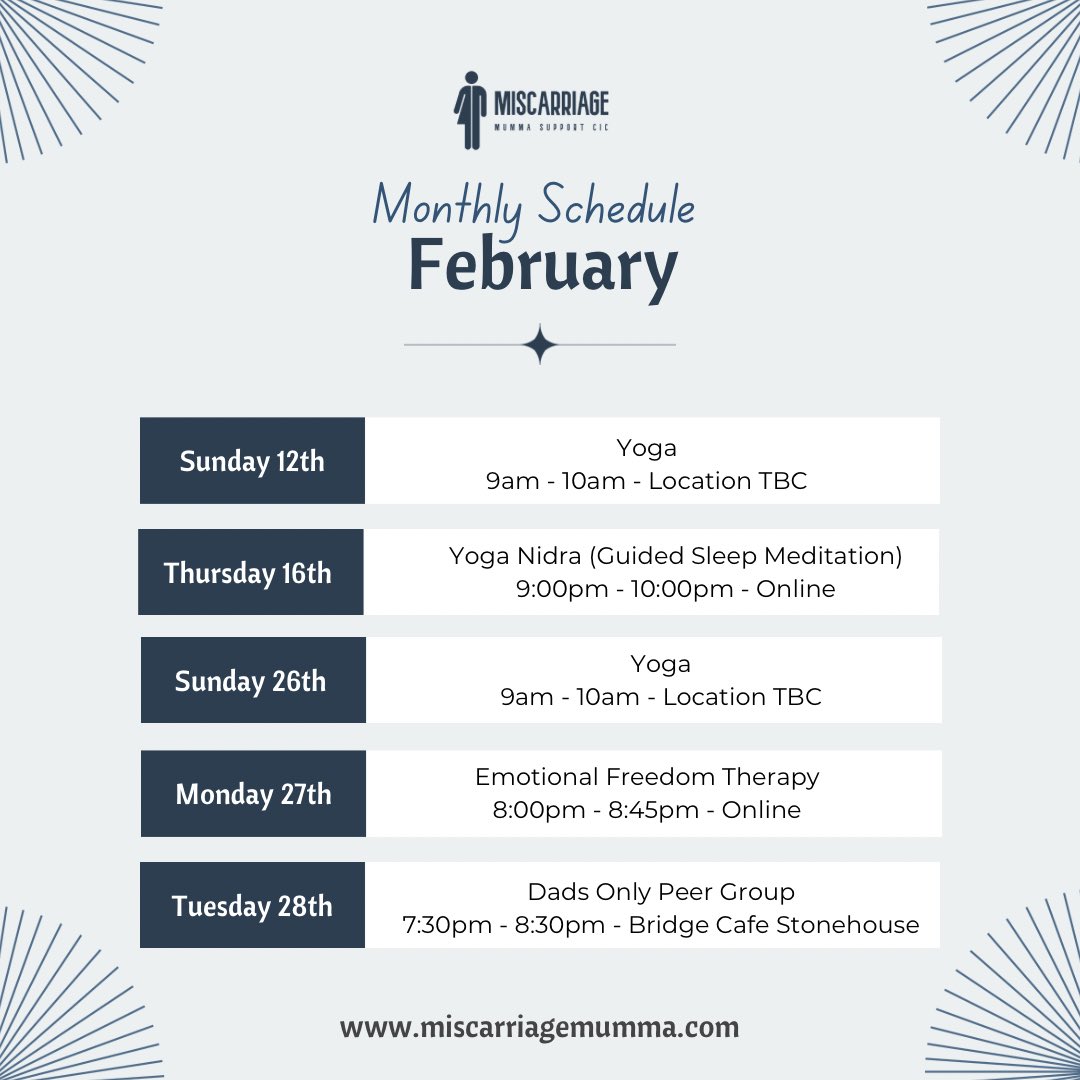 MiscarriageMS's tweet image. February Dates…

All of our workshops are free to attend we do ask that you prebook via email so we have adequate equipment available: support@miscarriagemumma.com

#babylosssupport #babylosssupportuk #miscarriagesupport #stillbornsupport #tfmrsupport #angeldadsmattertoo