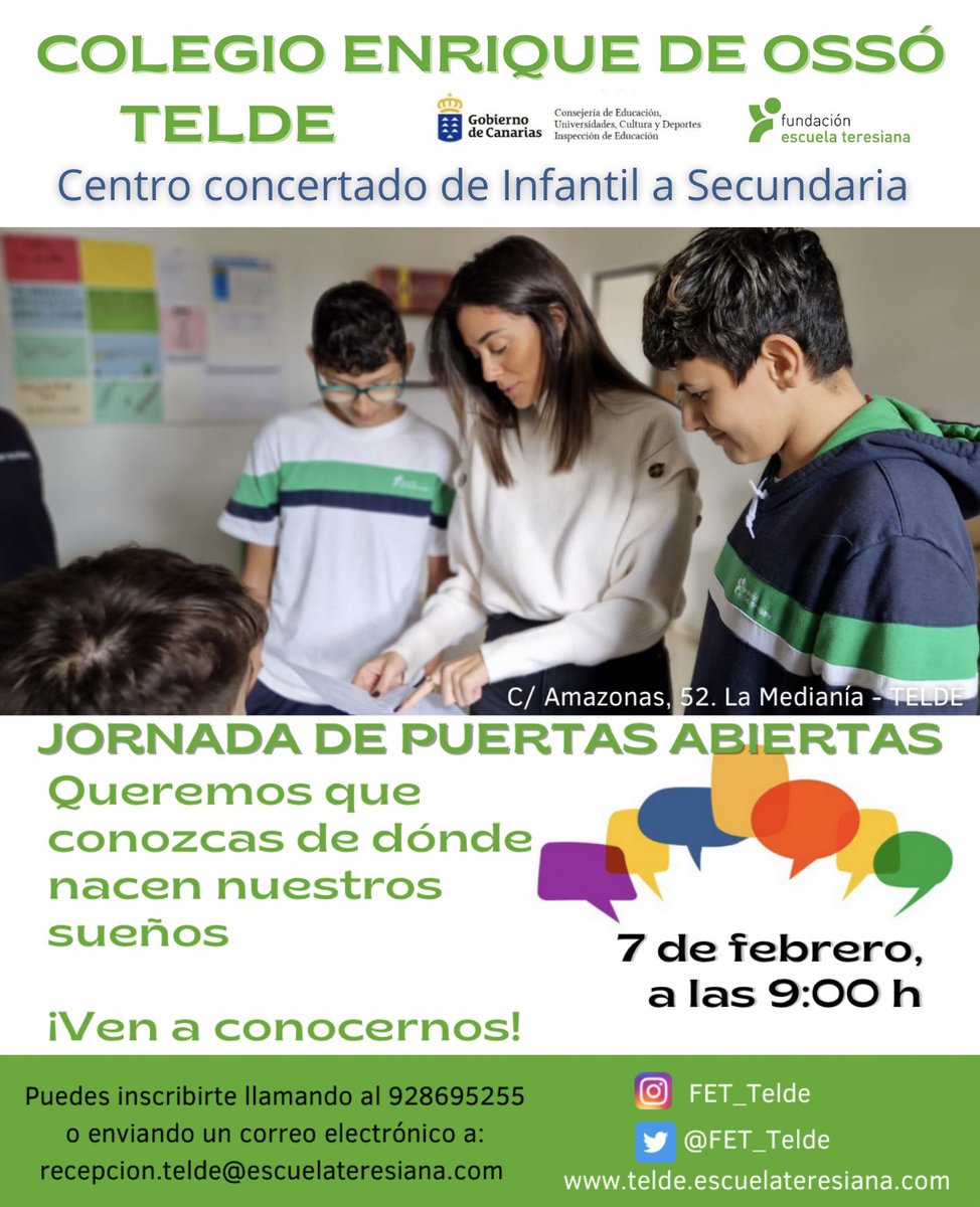FET_Telde's tweet photo. 🔊 Abrimos nuestras puertas 

Queremos que conozcas de dónde nacen nuestros sueños…

¡Ven a conocernos!

Confirma asistencia llamando al 928695255 o enviando un correo electrónico a: recepcion@telde.escuelateresiana.com ¡Te esperamos! https://t.co/5txMjojyHk