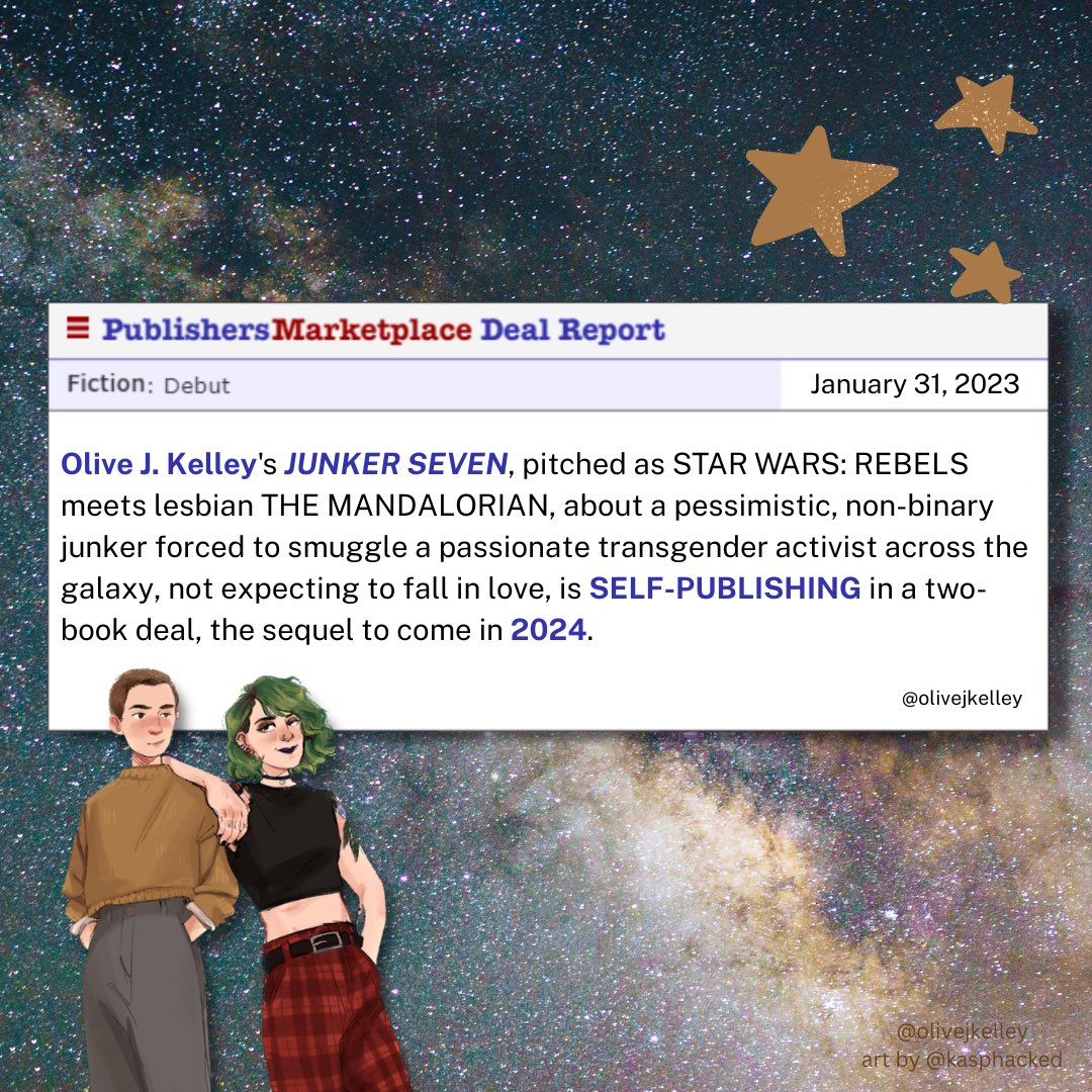 olivejkelley's tweet photo. ITS OFFICIAL: I’m self-publishing!! JUNKER SEVEN, my sci-fi romance about autistic trans hope and finding the one person who makes you feel like you can change the galaxy, is coming out…

⭐️ JUNE 13, 2023 ⭐️ https://t.co/Ua6IjwZdaE