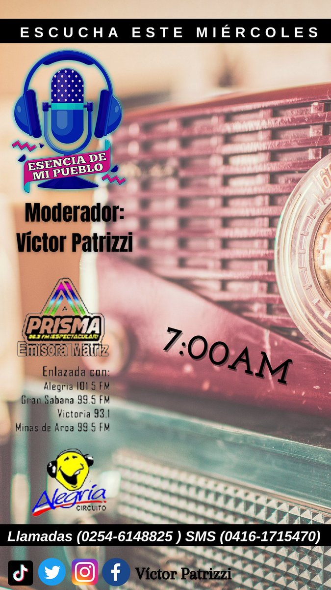 Mañana a las 7:00 AM es la cita con el legislador Víctor Patrizzi a través del espacio radial, Esencia de mi Pueblo por la señal Prisma 96.3 FM y el Circuito Alegría. La ingeniera @jennysomosvzla de Somos Venezuela Yaracuy, nos estará acompañando en la entrevista especial.