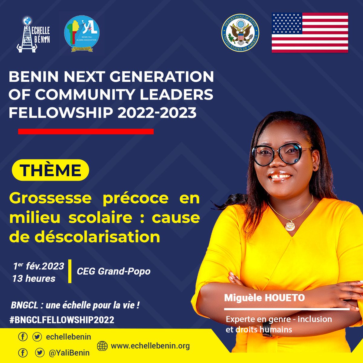 EchelleBenin's tweet photo. Les élèves de #GrandPopo vous invitent demain mardi 1er février au CEG de Grand-Popo pour leur activité communautaire. Cette conférence qui a pour thème la déscolarisation sera animée par @MigueleHoueto
Rejoignez-nous à partir de 13 heures. 
#EchelleBenin #YaliBenin #wasexo https://t.co/96ruPhksJM