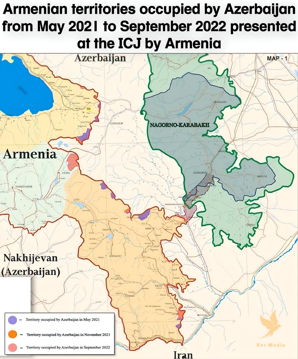 vermedianetwork's tweet photo. During the hearings on January 31st at the International Court of Justice, the Armenian side presented a map showing all the territories of internationally recognized Armenia that have been occupied by Azerbaijan from May 2021 to September 2022 as a result of it's aggression https://t.co/ireg9nU8e0