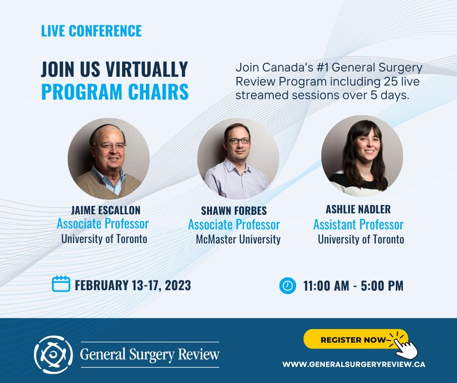 GenSurgReview's tweet photo. Meet our co-chairs!
Join us Feb 13-17, 2023.
For more information: https://t.co/GiZtM3Bjn6
#generalsurgeon #generalsurgery #GeneralSur #education #PGY5 https://t.co/zUMDfjjFEd