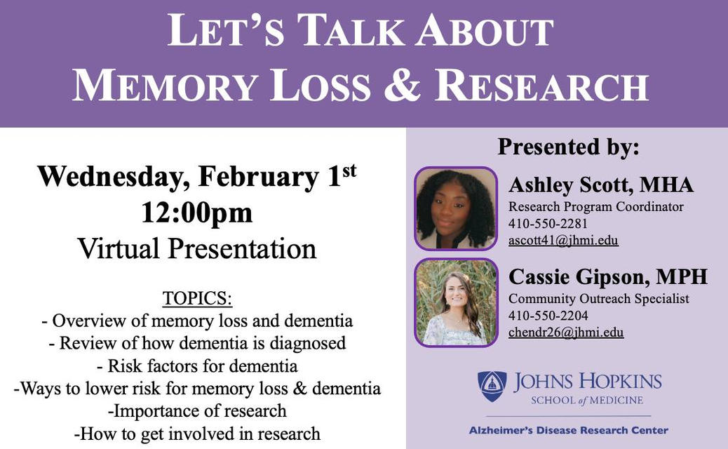 JH_Memory_Aging's tweet photo. 📣 #JHMemoryWebinar 

Wednesday, Feb. 1st at 12pm ET

Please join us for a virtual presentation on #Aging, #Dementia, #Alzheimers, #MemoryLoss &amp; #Research--and helpful tips/strategies about how to keep your #Brain healthy! 

Register (for free!) here: https://t.co/fo0N3sT8ft https://t.co/1B4v7e8k1A