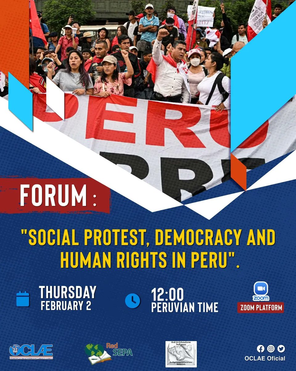 OCLAEOficial58's tweet photo. #OCLAE 📣 | Desde la Organización Continental Latinoamericana y Caribeña de Estudiantes, invitamos al Foro: "Protesta Social, Democracia y Derechos Humanos en el Perú" 🇵🇪

Tu Cita es este 2 de Febrero, 12:00 P.M. Hora Perú. A través de la plataforma Zoom.

#UnidosYEnResistencia https://t.co/FM8uD0bDyn