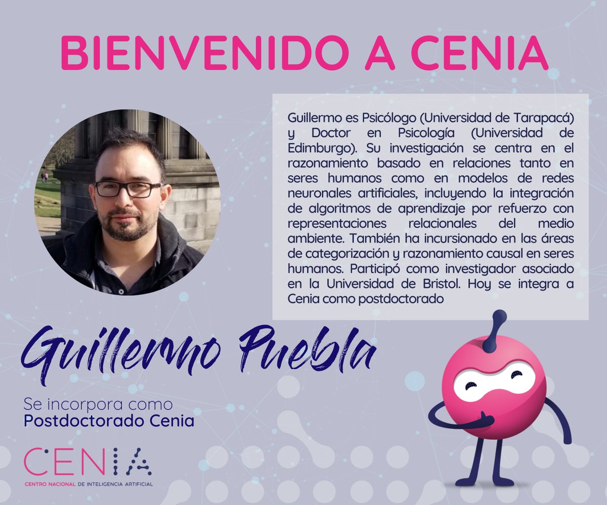 cen_ia's tweet photo. ¡Bienvenido a Cenia, Guillermo! 🙌 Guillermo Puebla es doctor en psicología, y su investigación se centra en el razonamiento basado en relaciones, tanto en seres humanos como en modelos de redes neuronales artificiales. Hoy se une al equipo Cenia como postdoctorado🧠 https://t.co/KIDfTtvvtj