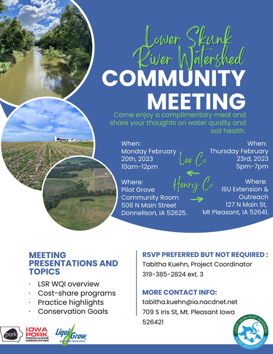 Come learn about the LSR this February! Two chances to get involved in your watershed community 🥳 Big Thanks to <a href="/IowaPork/">Iowa Pork Producers</a> and Twin State Inc <a href="/LiquiGrow/">Liqui-Grow</a> for sponsoring our meals and being a part of our events!