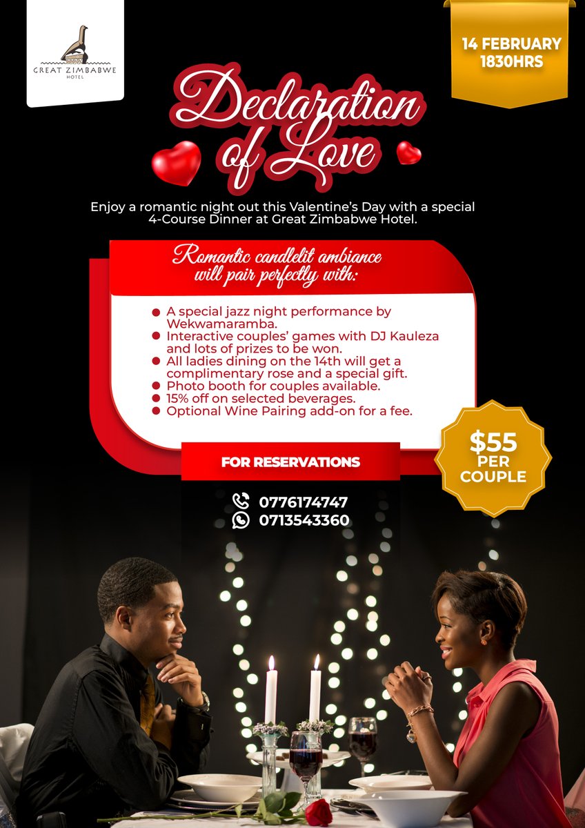 Say, 'I Love You' with a special 4-course dinner at Great Zimbabwe Hotel. We have an intimate and special evening planned for you.

 Call us on 0776 17 47 47 or  0713 54 33 60 to reserve your table.

 #Valentines #GreatZimbabweHotel
 #AfricanSunHotels