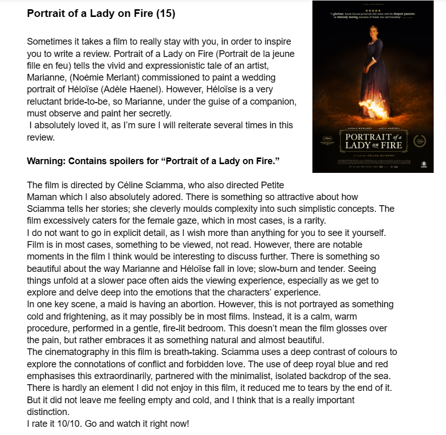 noofilmreviews's tweet photo. Portrait of a Lady on Fire (15) https://t.co/Hbn0flsFLD