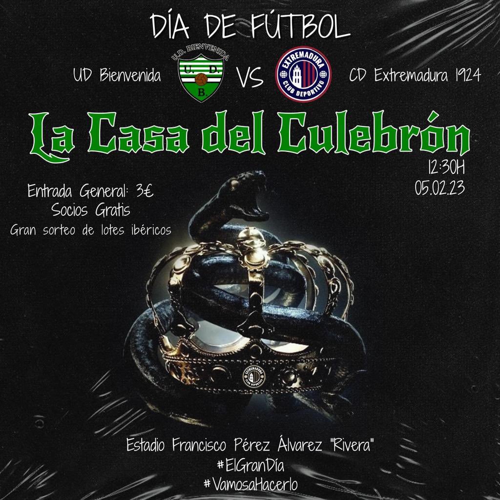 ⚽️ EL PARTIDO

Así anuncia el partido el <a href="/UD_Bienvenida/">UD Bienvenida</a> en el histórico choque ante el Extremadura de este domingo 

🎟️Entrada General: 3 euros
💚🤍Socios gratis
🧀Gran sorteo de lotes ibéricos 
🍺🥓Barras con bebida y comida a ambos lados del estadio